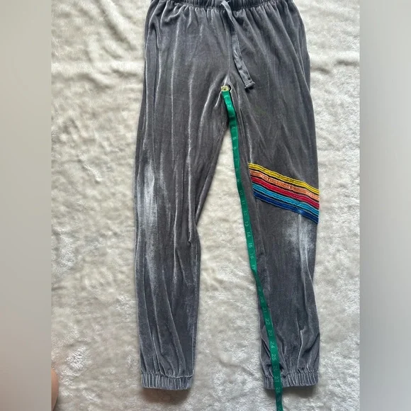 Aviator nation look alike Gray Velvet Joggers with Rainbow Stripe - Picture 3 of 6